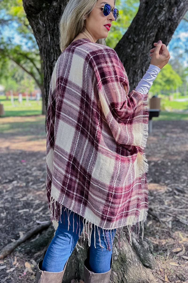 Burgundy Plaid Print Lightweight Knitted Kimono With Fringe