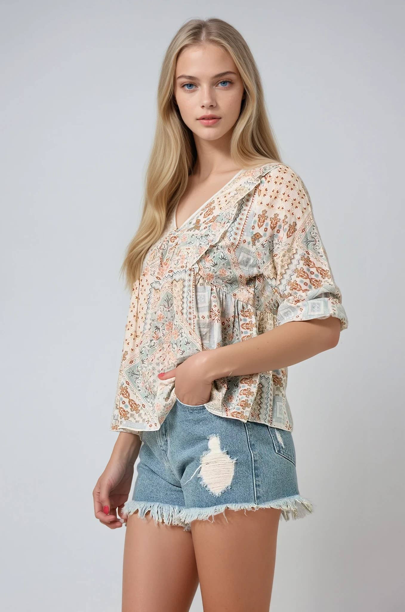 BOHO PAISLEY PRINTED PEASANT BLOUSE