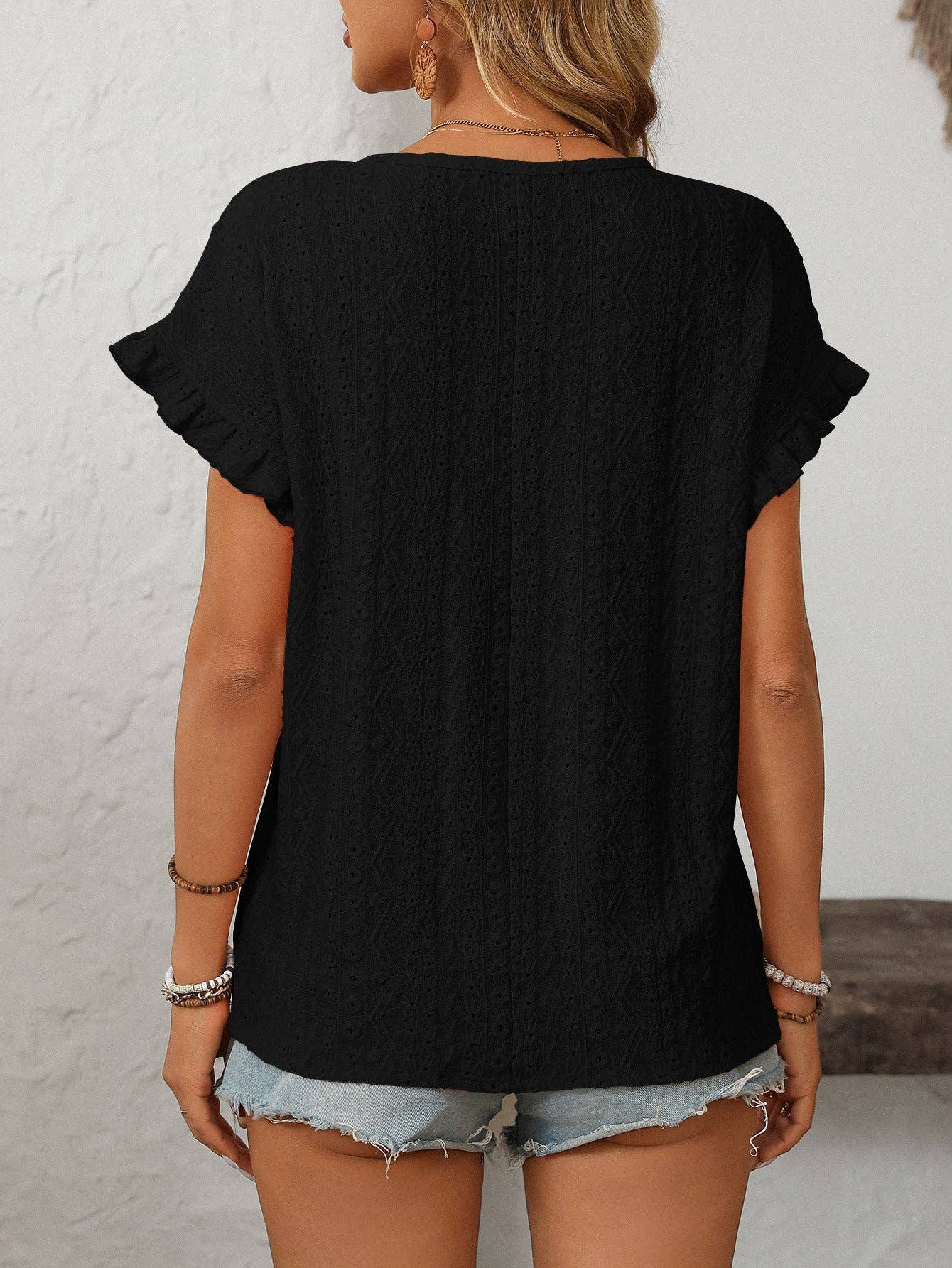 Crew Neck Ruffle Sleeve Short Sleeve Top