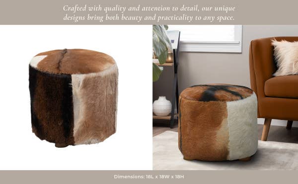 Ottoman - Multicolor Wooden Round Patchwork Cowhide, 18 in.