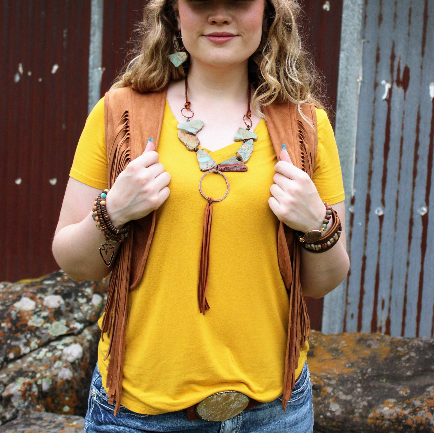 Aqua Terra Slab Necklace with Copper Hoop and Fringe tassel