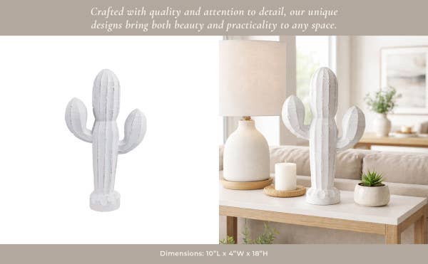 Wood Carved Cactus Decorative Figurine - White, 18 in.