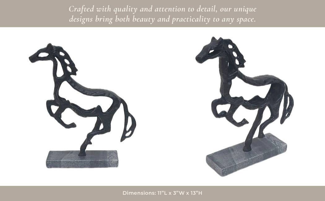 Black Metal Stone Galloping Horse on marble Base, 14 in