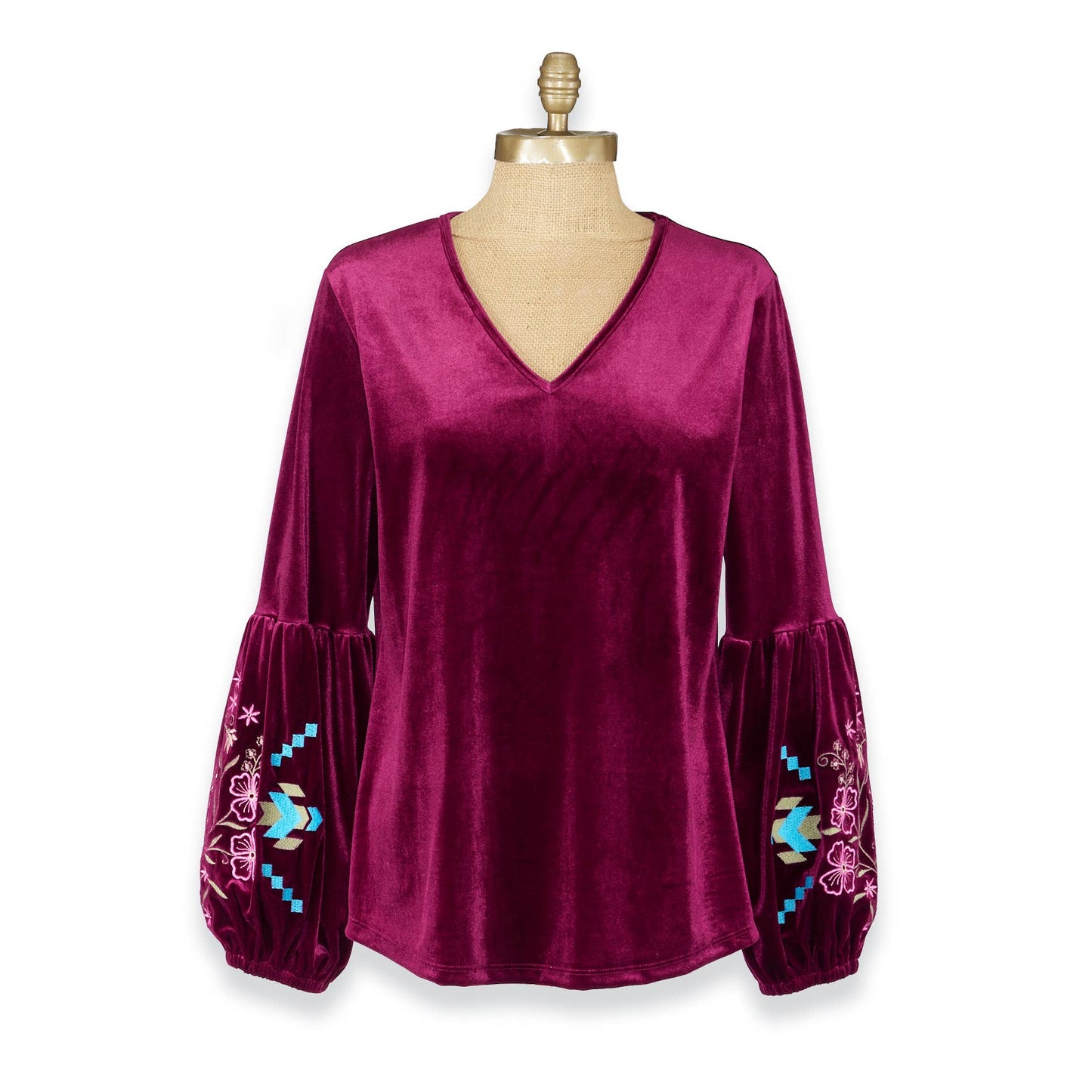 Freya Embroidered Velvet Top in deep red