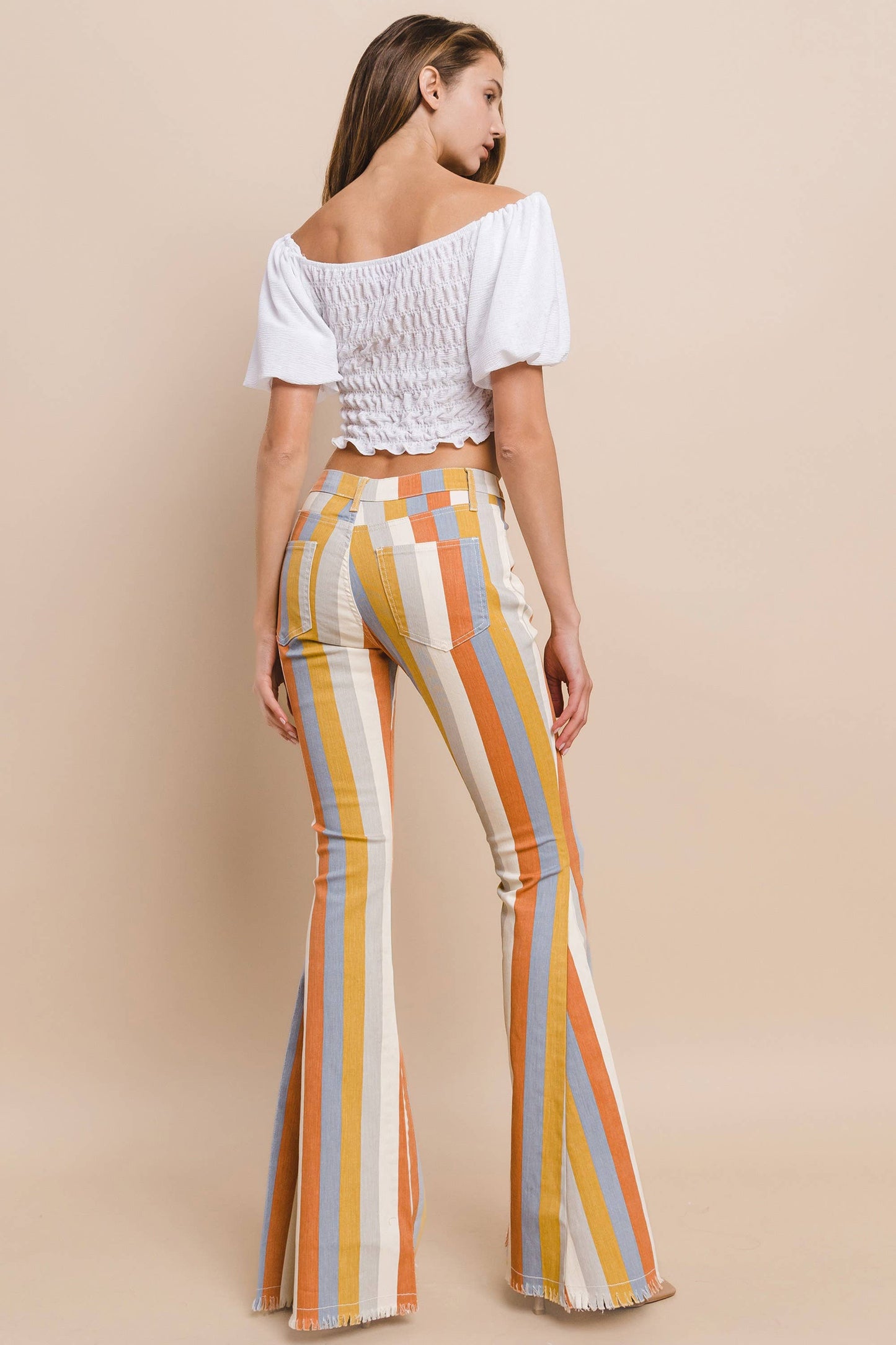DARK MULTI STRIPE DENIM BELL BOTTOM JEANS