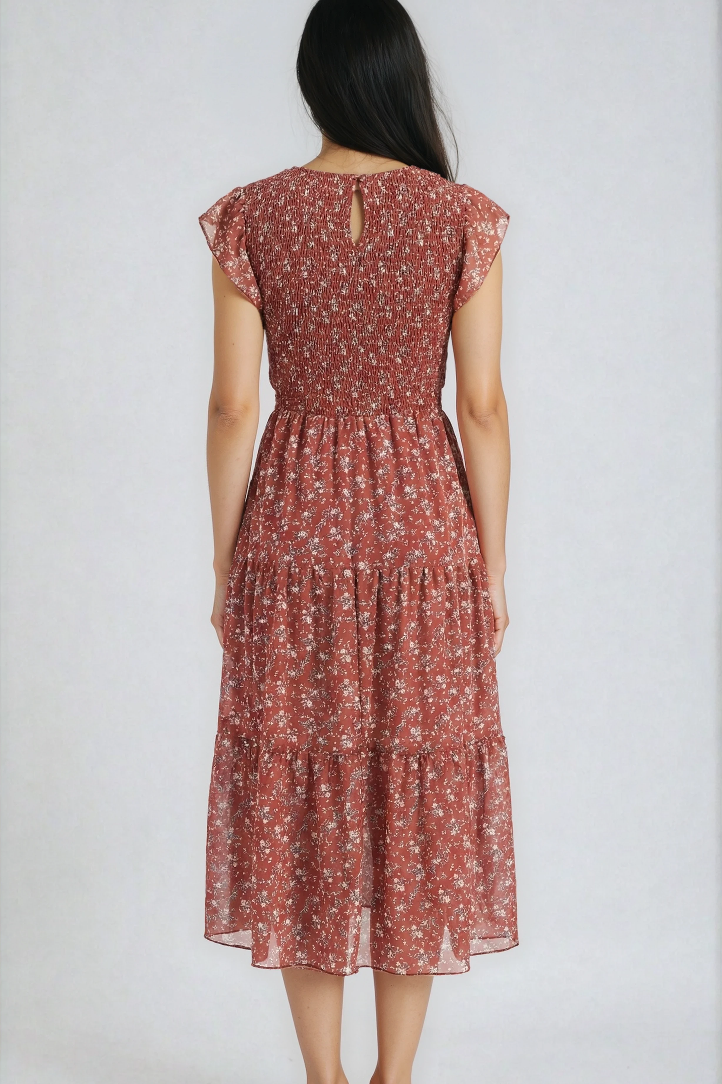 Floral Print Smocked Dress in deep reds