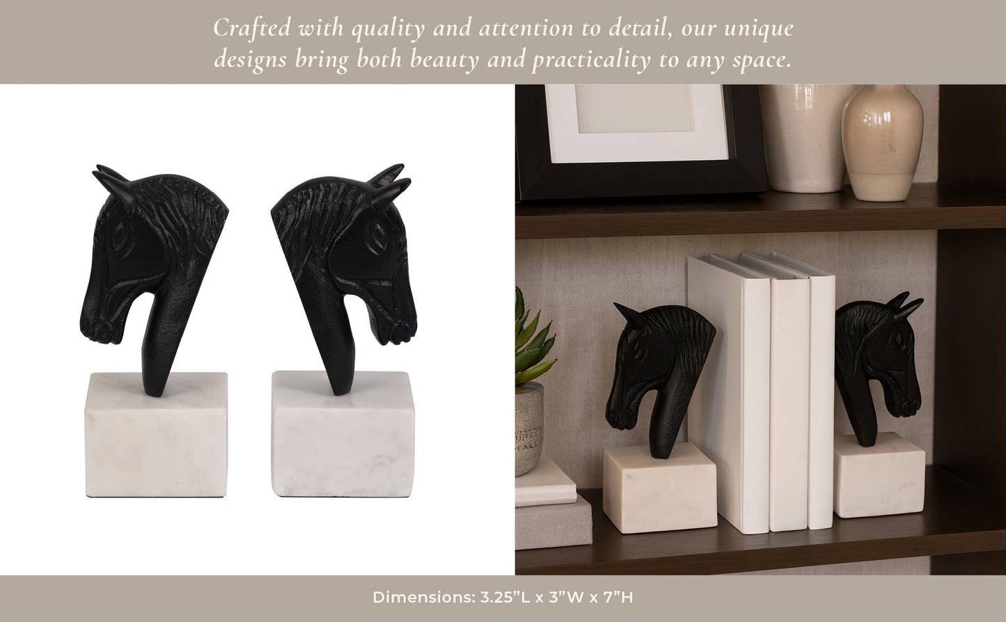 White/Black Metal Horse Head bookends on marble bases