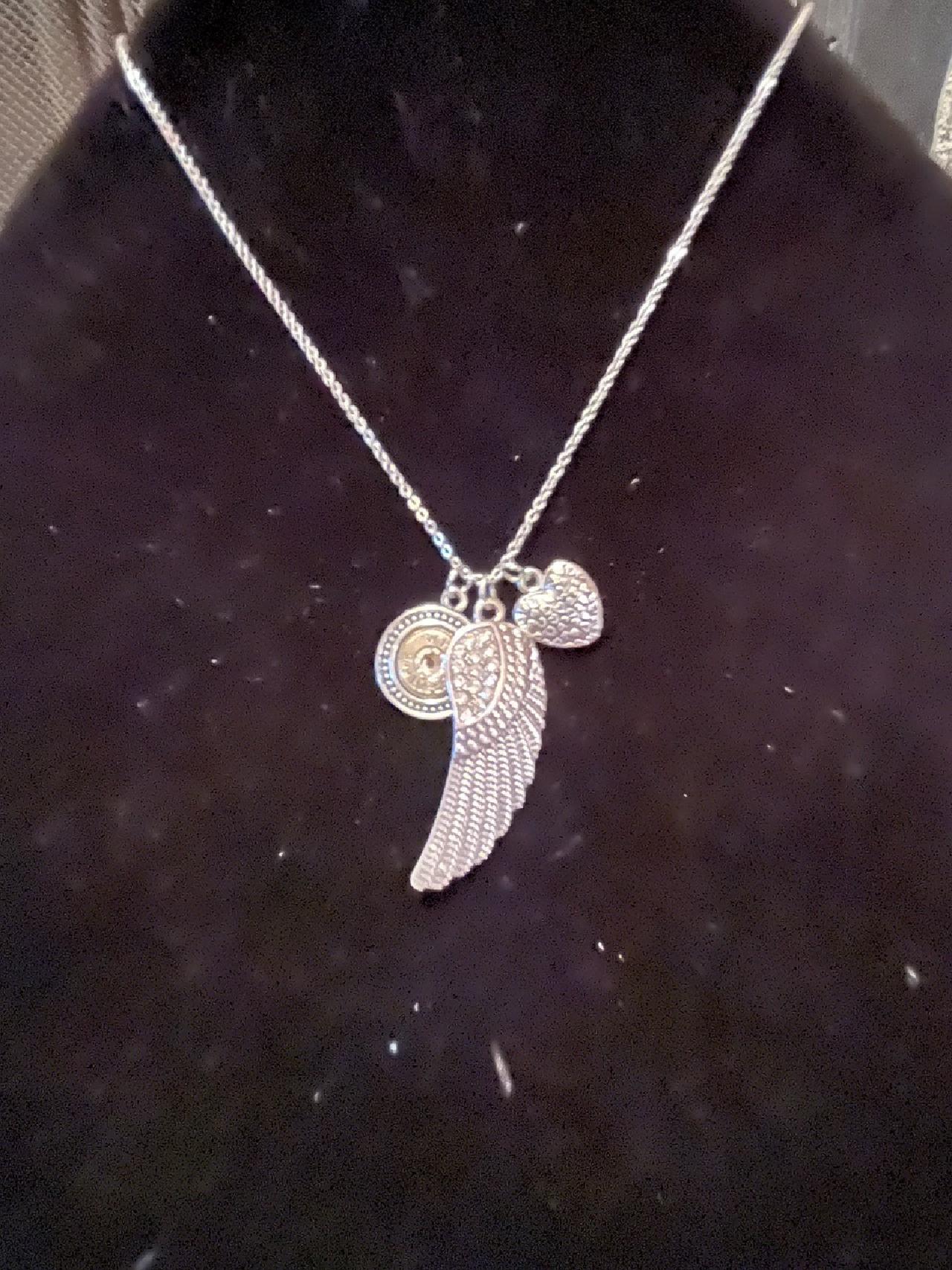 Silver Feather Rhinestone Bullet Necklace