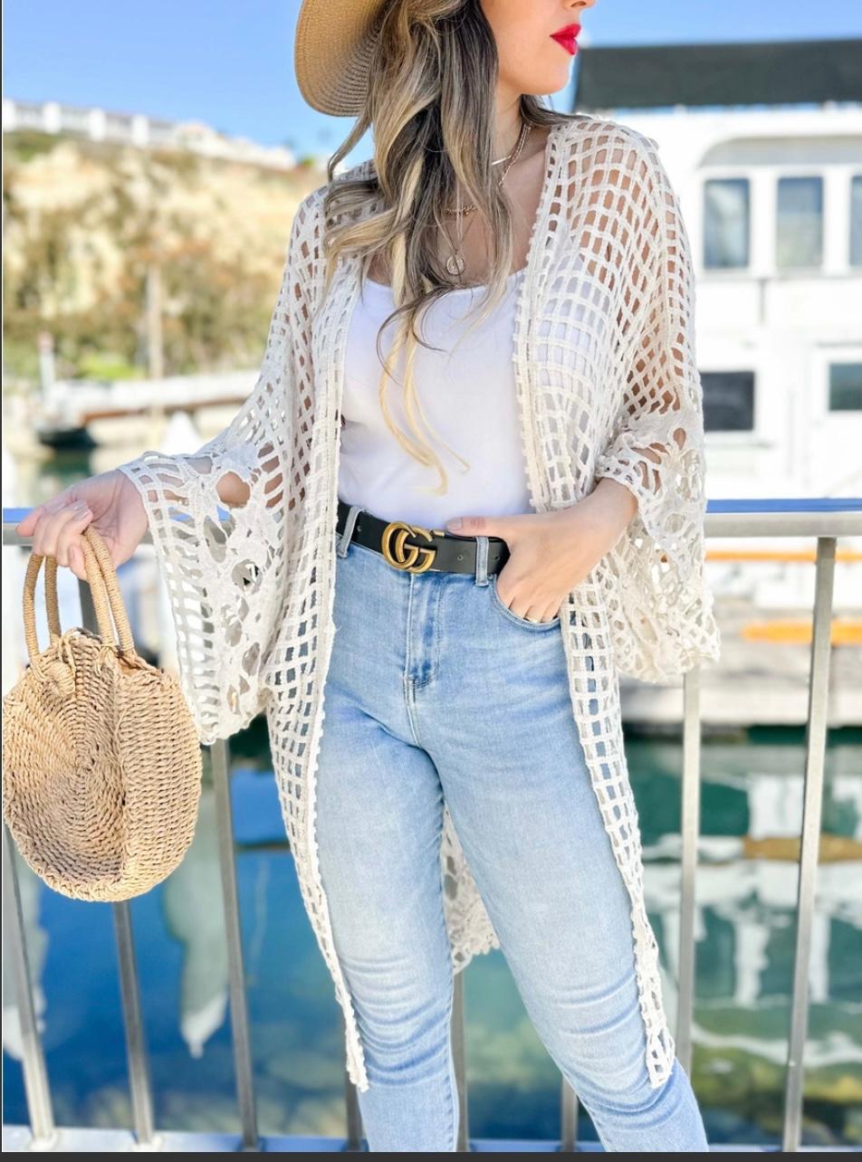 Ivory Floral Crochet Wide Sleeve Kimono