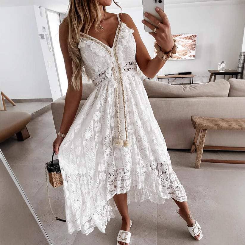 Spring lace sling large swing solid color dress