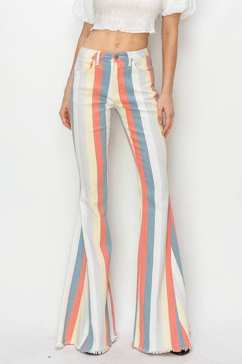 MULTI STRIPE DENIM BELLBOTTOM JEANS