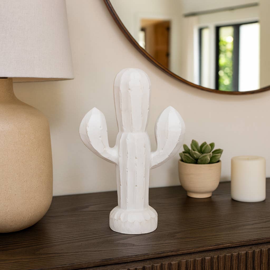 White Wood Hand carved Cactus, 14 in.