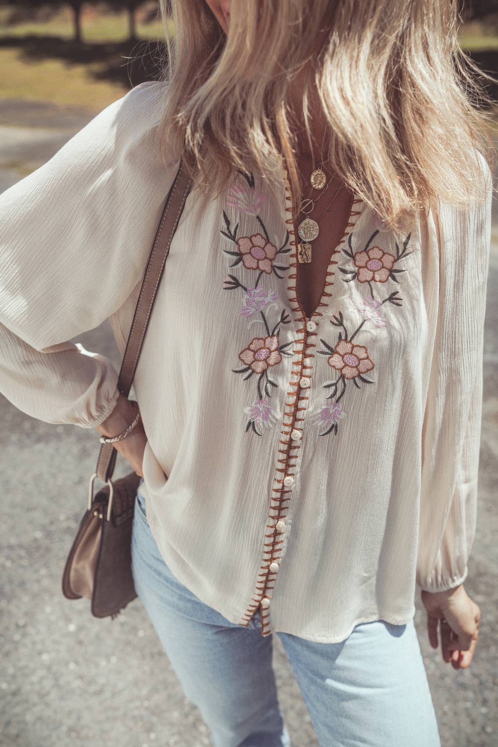 Floral Embroidered Textured Spring Puff Sleeve Loose Shirt