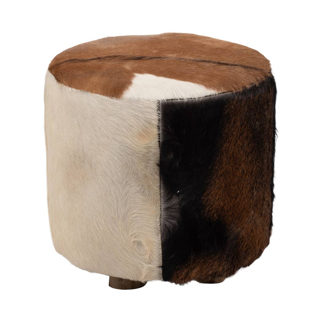 Ottoman - Multicolor Wooden Round Patchwork Cowhide, 18 in.