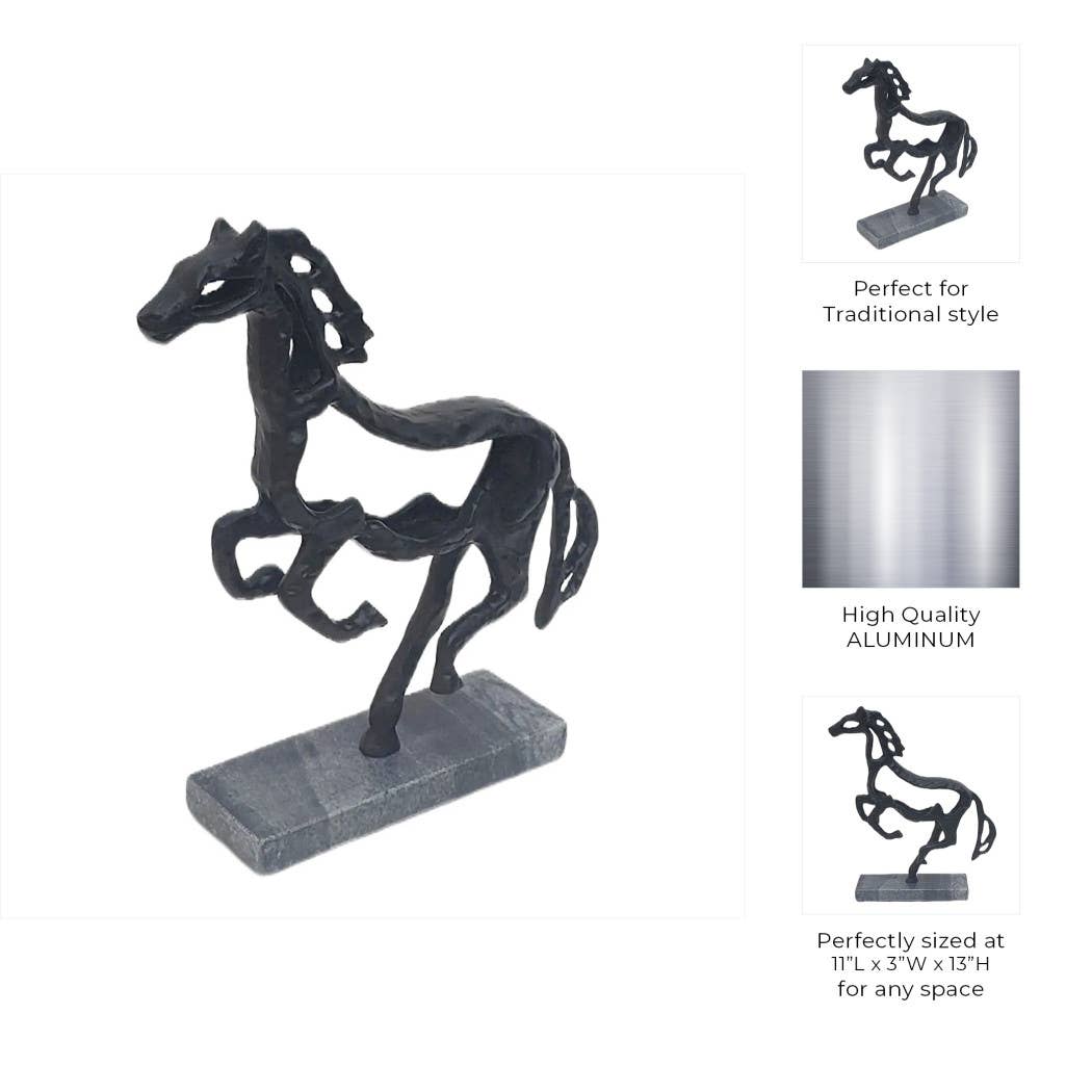 Black Metal Stone Galloping Horse on marble Base, 14 in