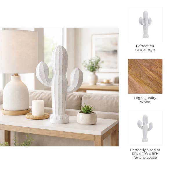 Wood Carved Cactus Decorative Figurine - White, 18 in.