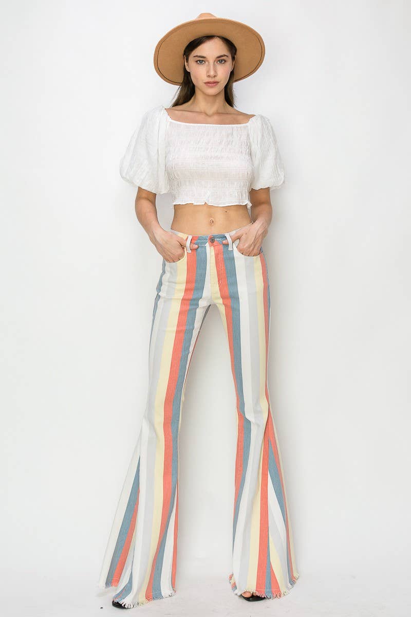 MULTI STRIPE DENIM BELLBOTTOM JEANS