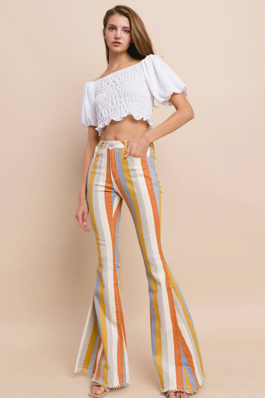 DARK MULTI STRIPE DENIM BELL BOTTOM JEANS