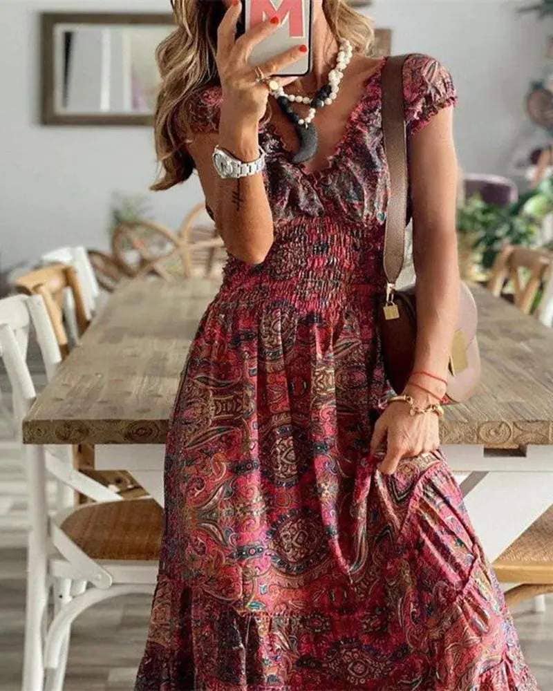 Vintage tribal print shirred waist maxi dress