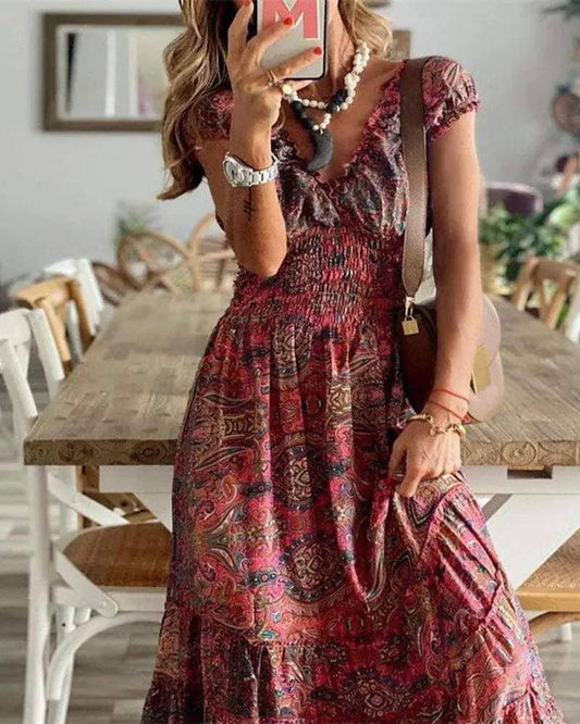 Vintage tribal print shirred waist maxi dress