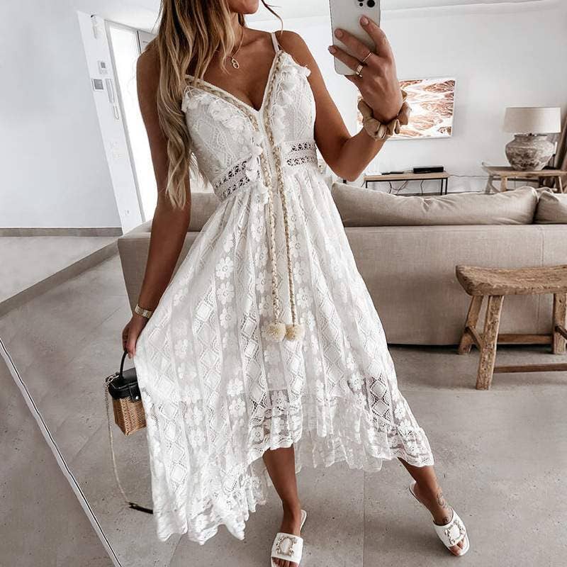 Spring lace sling large swing solid color dress