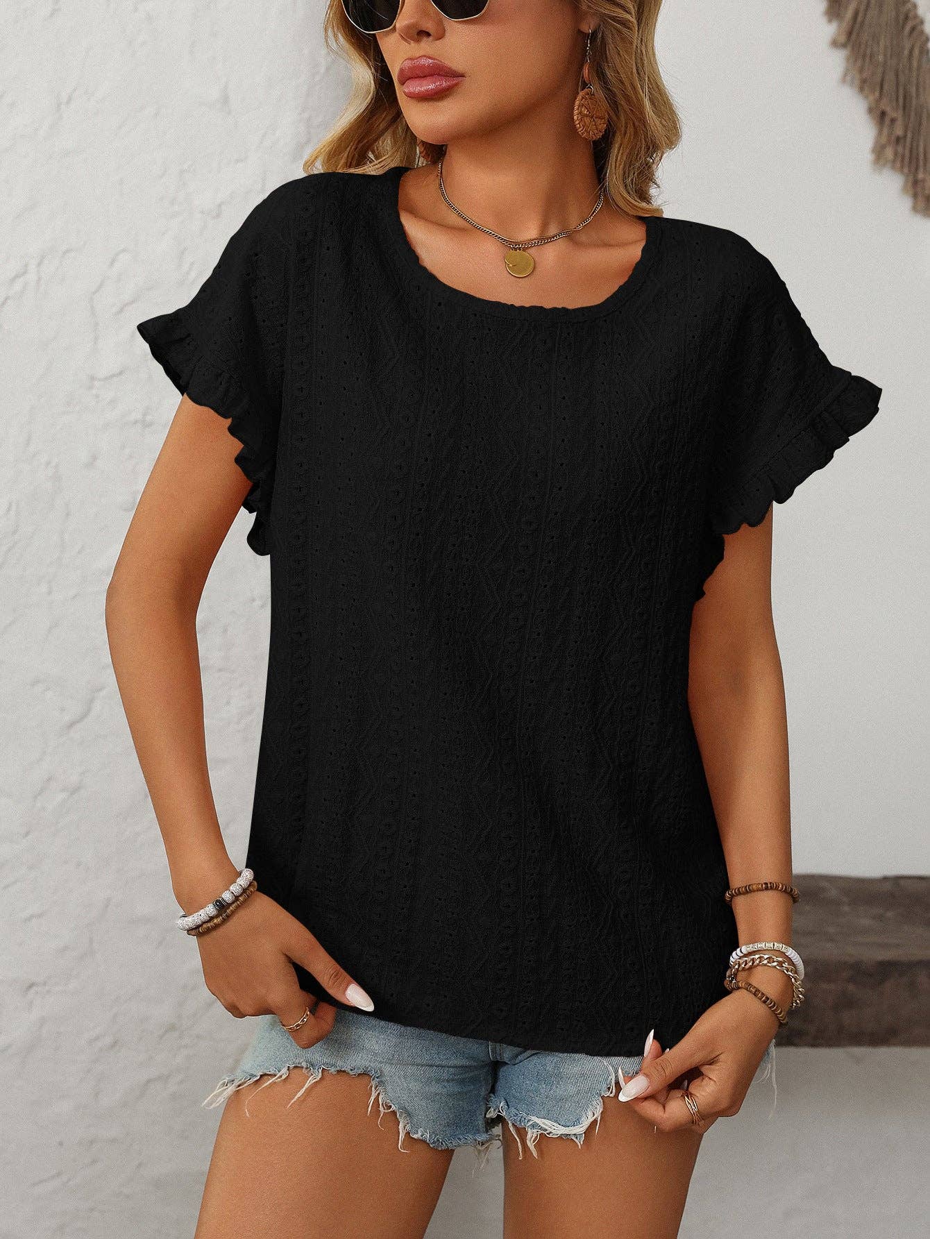 Crew Neck Ruffle Sleeve Short Sleeve Top