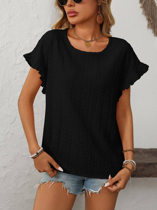Crew Neck Ruffle Sleeve Short Sleeve Top