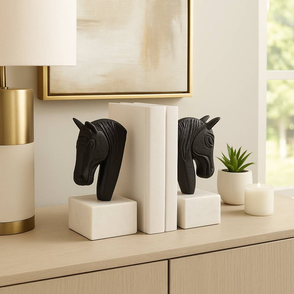 White/Black Metal Horse Head bookends on marble bases