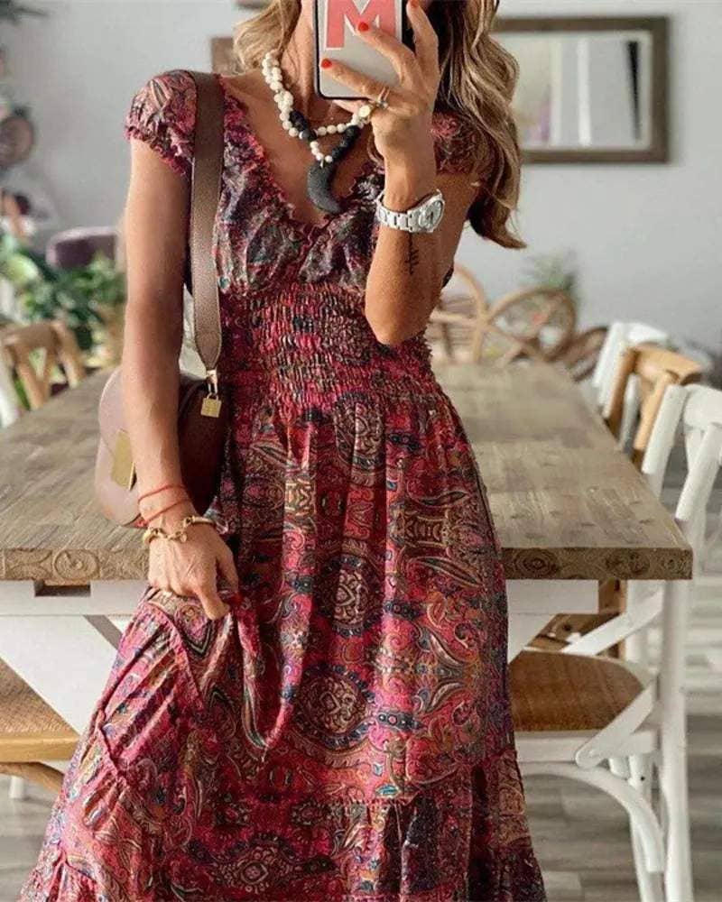 Vintage tribal print shirred waist maxi dress