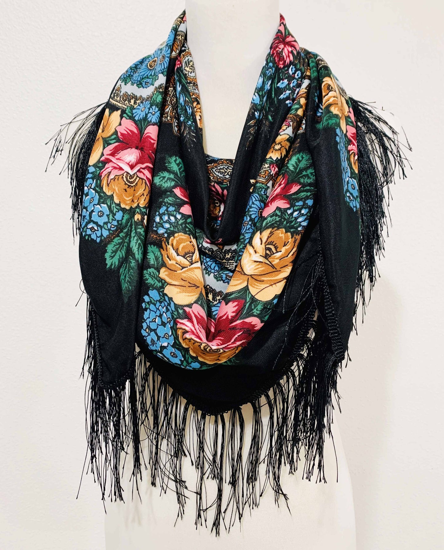 Western or Spanish Long Fringe Floral Square Scarf/Shawl