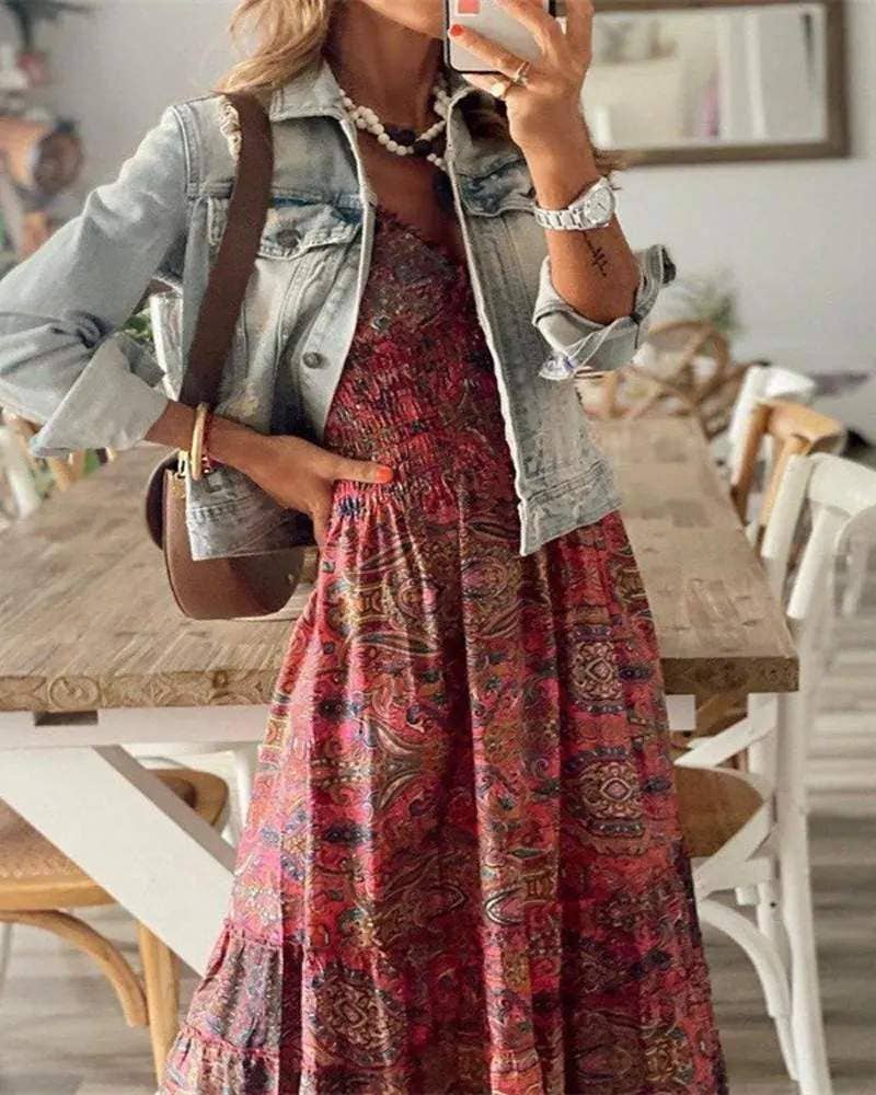 Vintage tribal print shirred waist maxi dress
