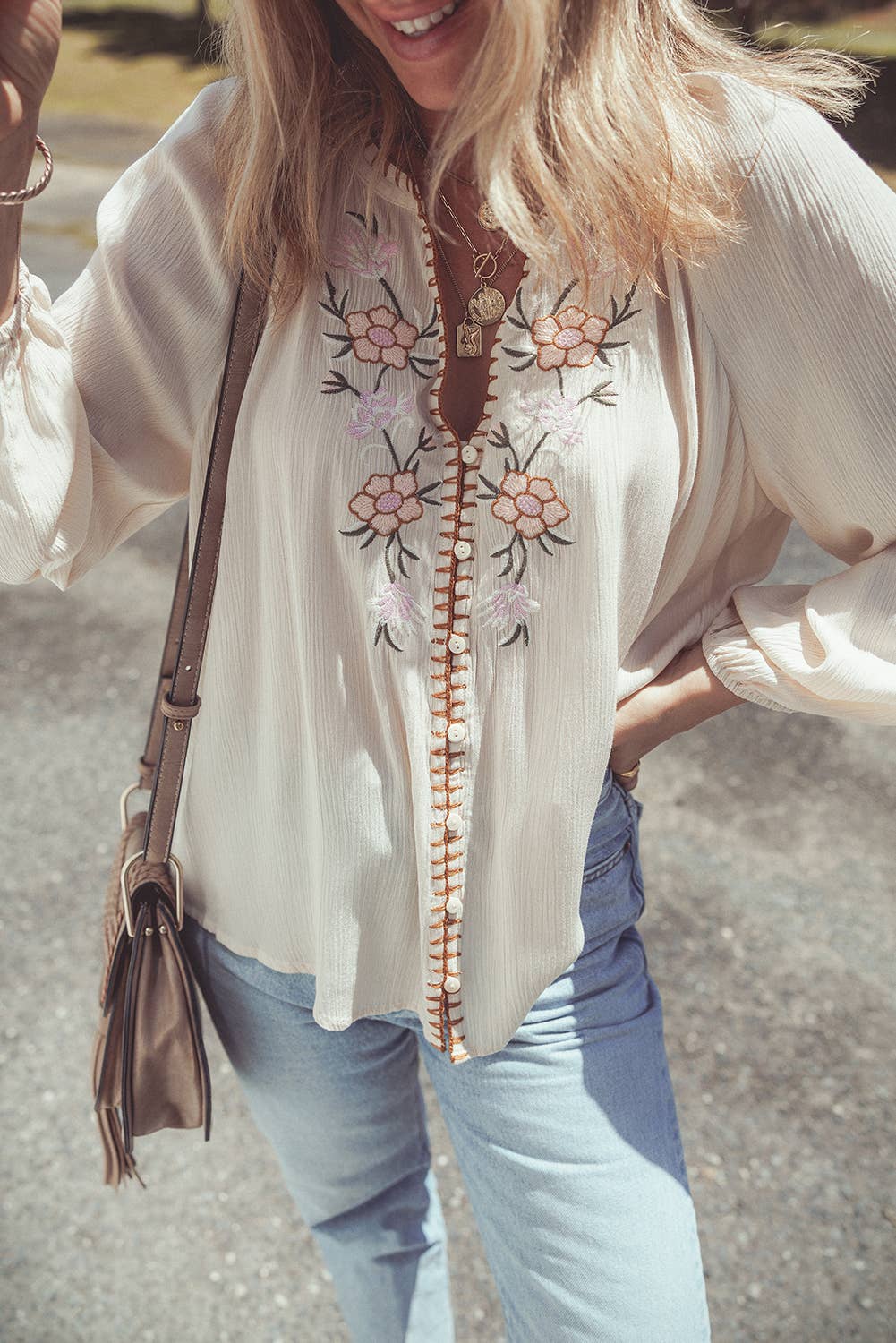 Floral Embroidered Textured Spring Puff Sleeve Loose Shirt