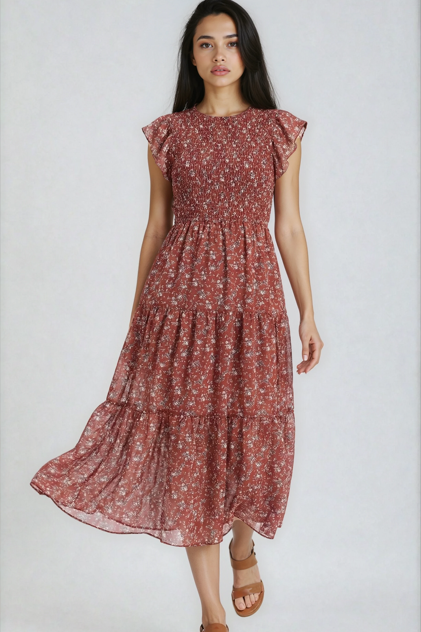 Floral Print Smocked Dress in deep reds