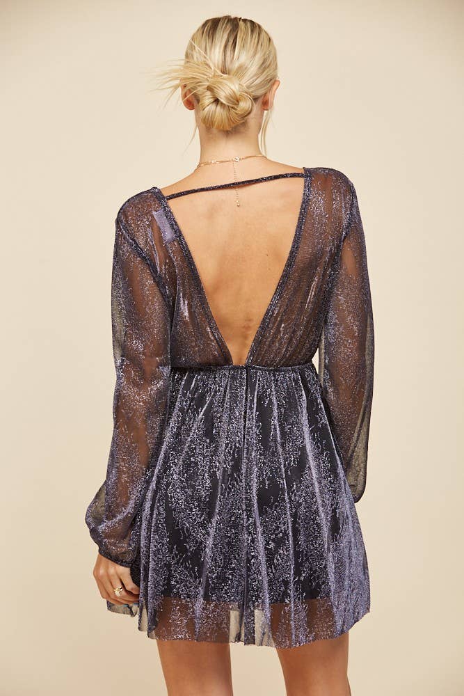 SHIMMERING MINI VNECK LONG SLEEVE DRESS