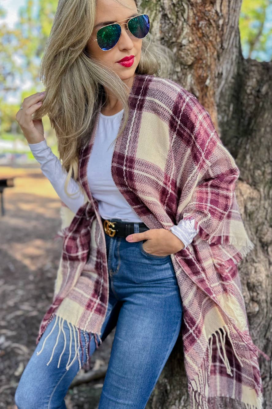Burgundy Plaid Print Lightweight Knitted Kimono With Fringe