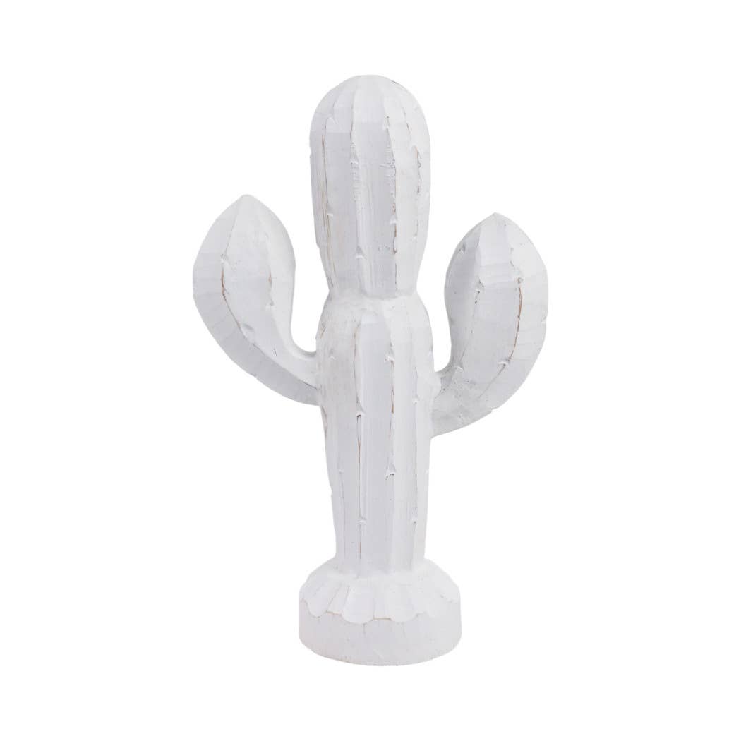 White Wood Hand carved Cactus, 14 in.
