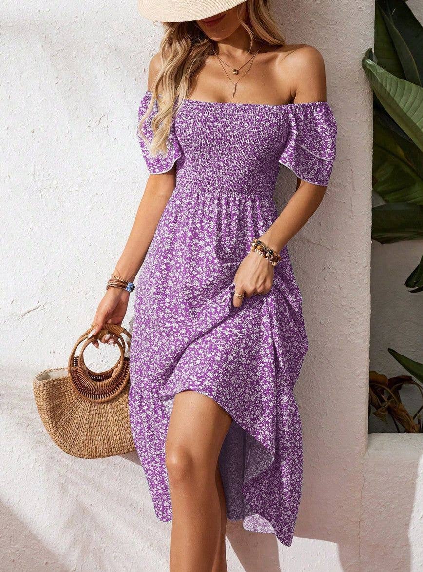 Beautiful Purple Floral Smocked Square Neck Midi Dress