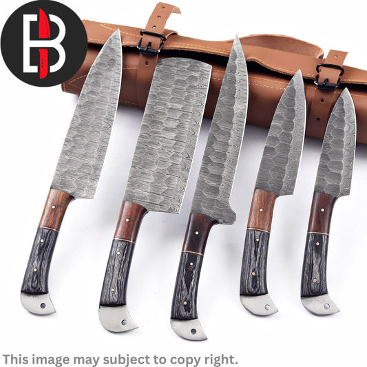 Damascus Steel Chef Set Handmade BBQ with Walnut wood handle