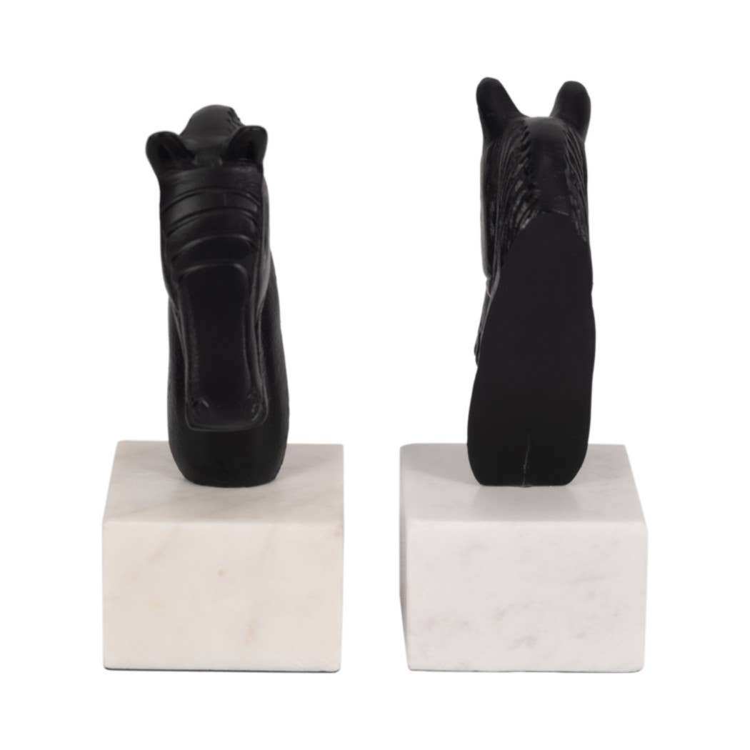 White/Black Metal Horse Head bookends on marble bases