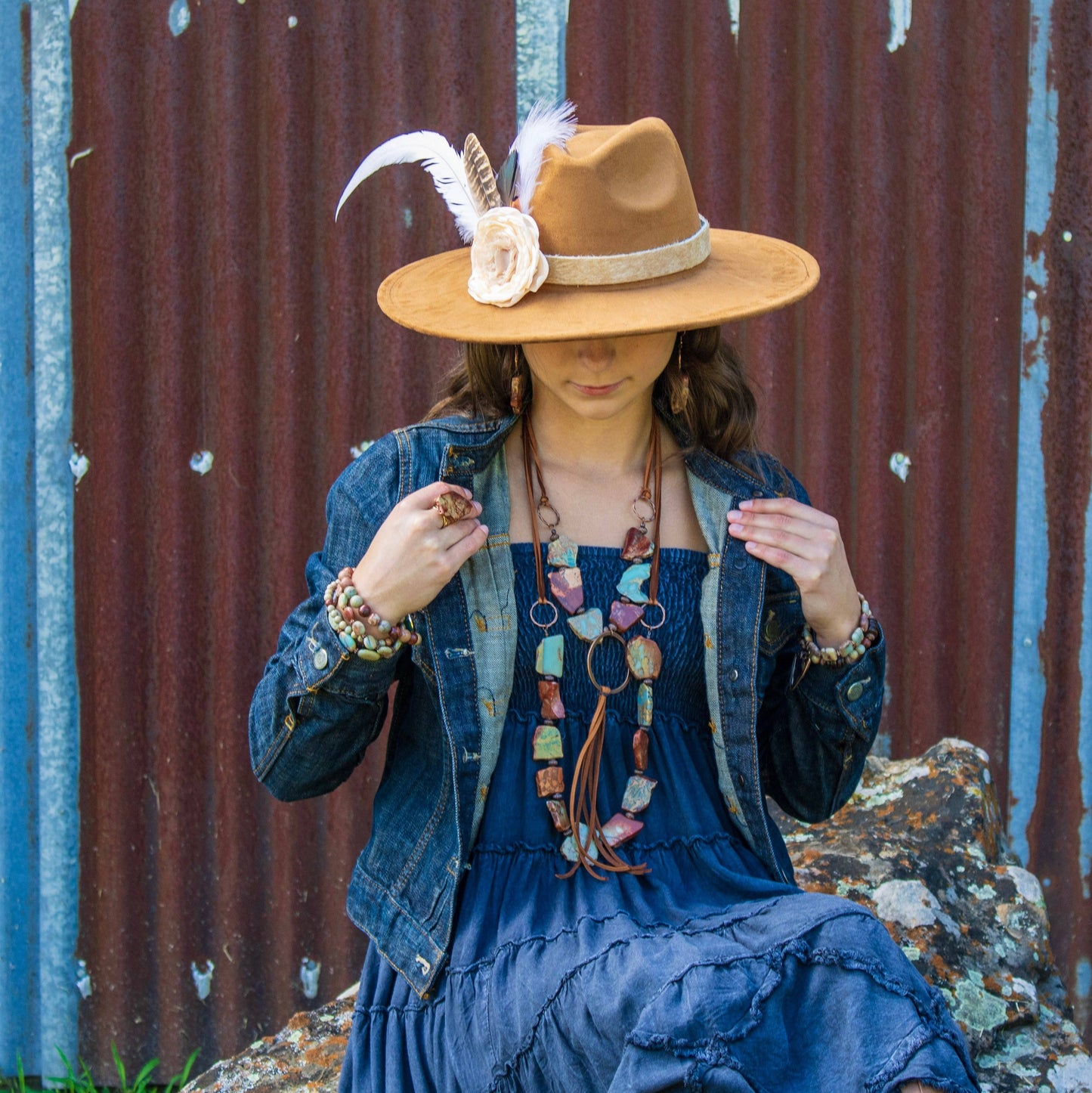 Aqua Terra Slab Necklace with Copper Hoop and Fringe tassel