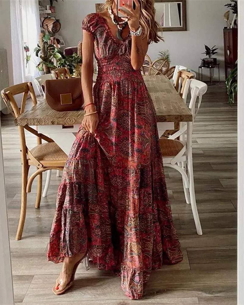 Vintage tribal print shirred waist maxi dress