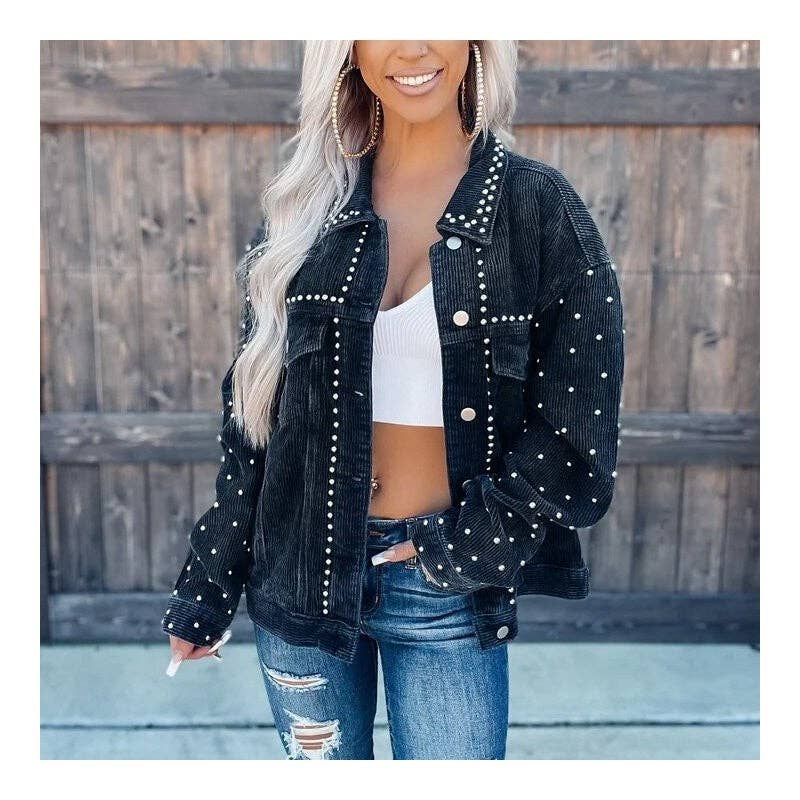 Stylish Corduroy Short Jacket With Rivets For Casual Wear
