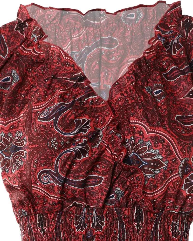 Vintage tribal print shirred waist maxi dress