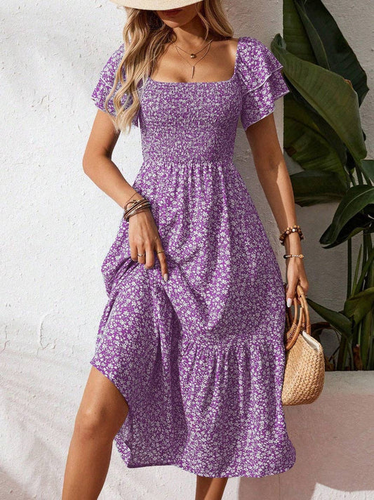 Beautiful Purple Floral Smocked Square Neck Midi Dress