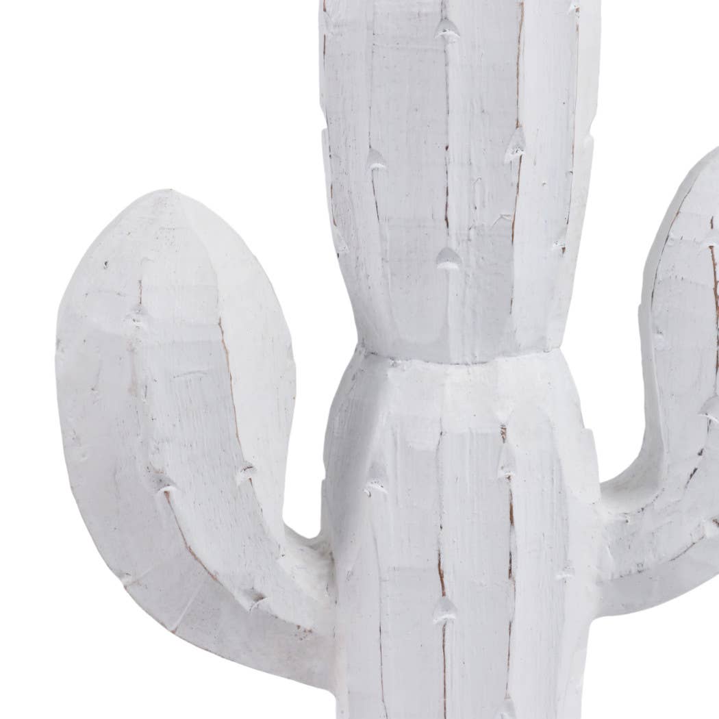 White Wood Hand carved Cactus, 14 in.