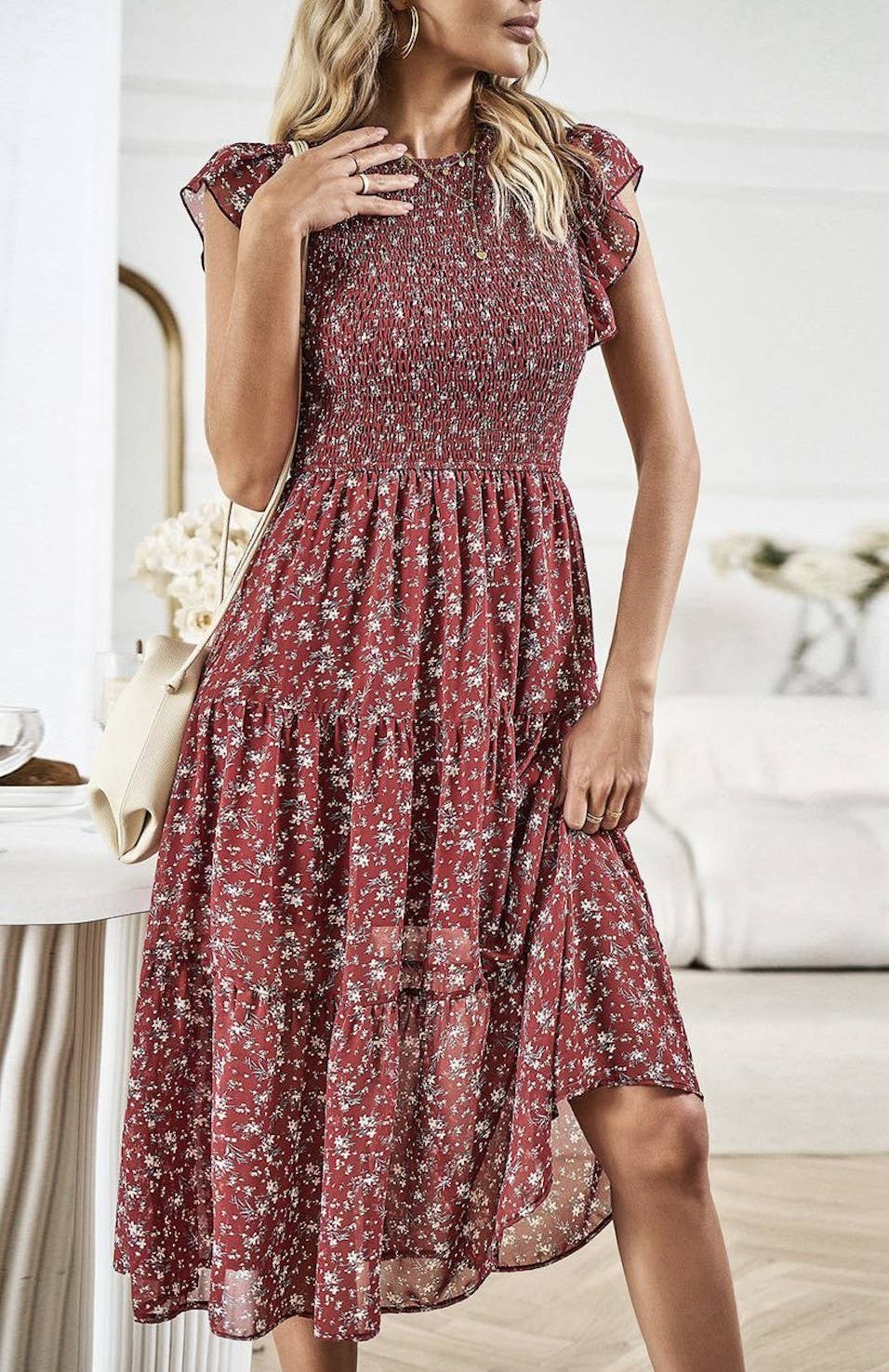 Floral Print Smocked Dress in deep reds