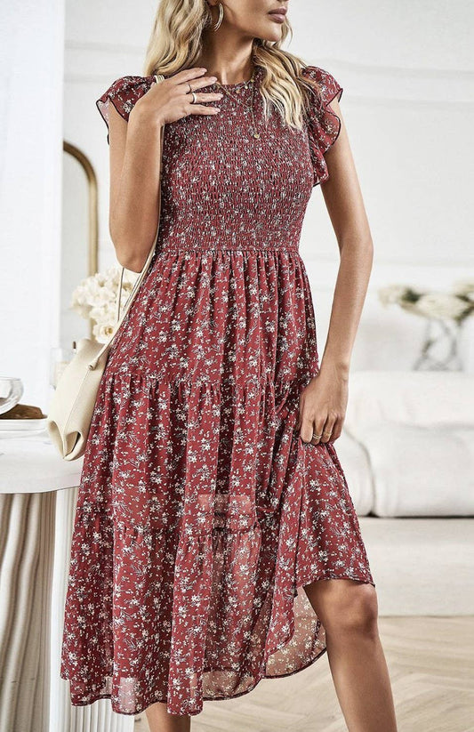 Floral Print Smocked Dress in deep reds