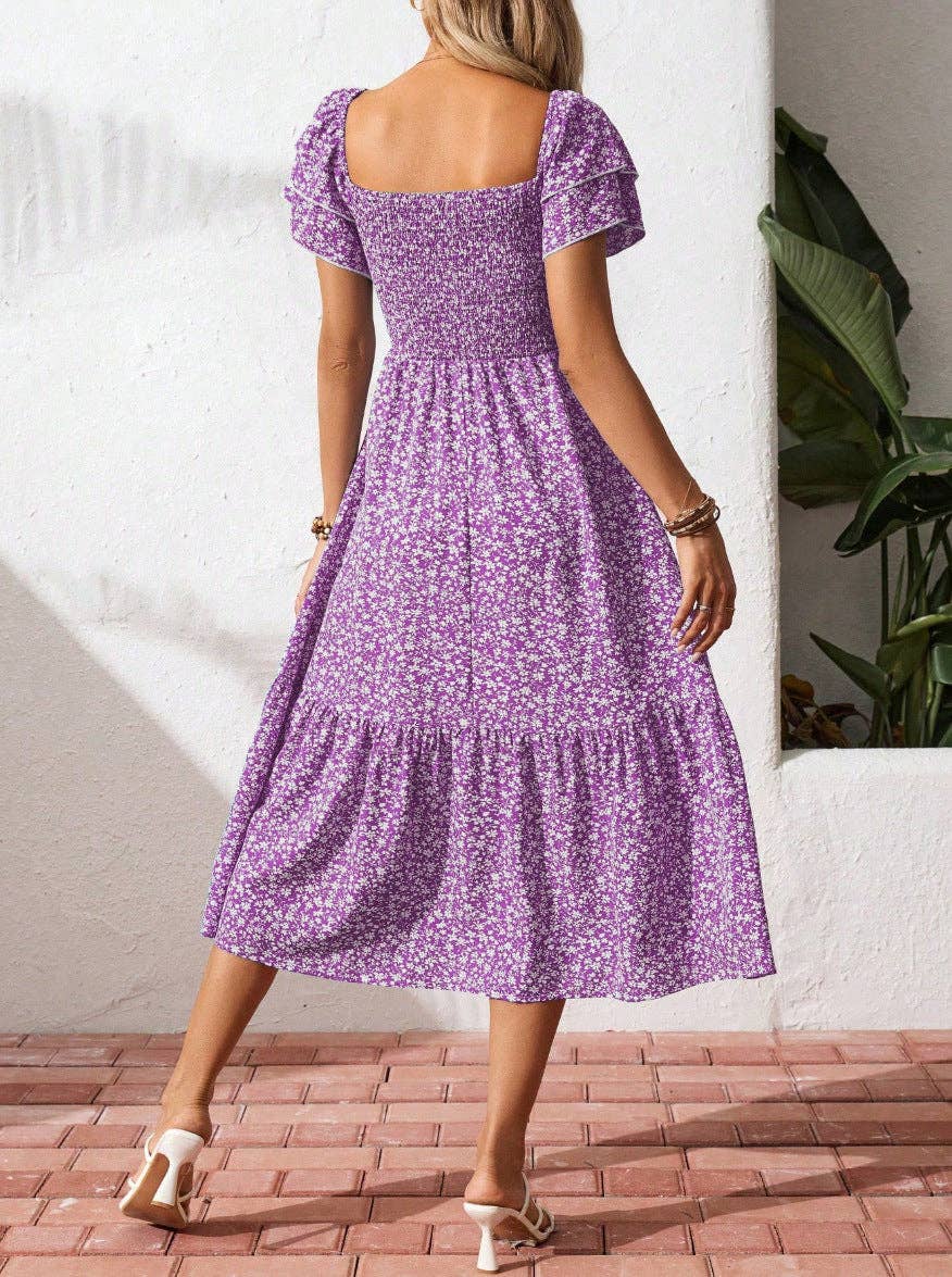 Beautiful Purple Floral Smocked Square Neck Midi Dress