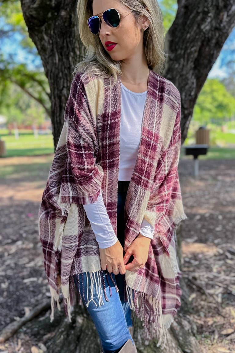 Burgundy Plaid Print Lightweight Knitted Kimono With Fringe