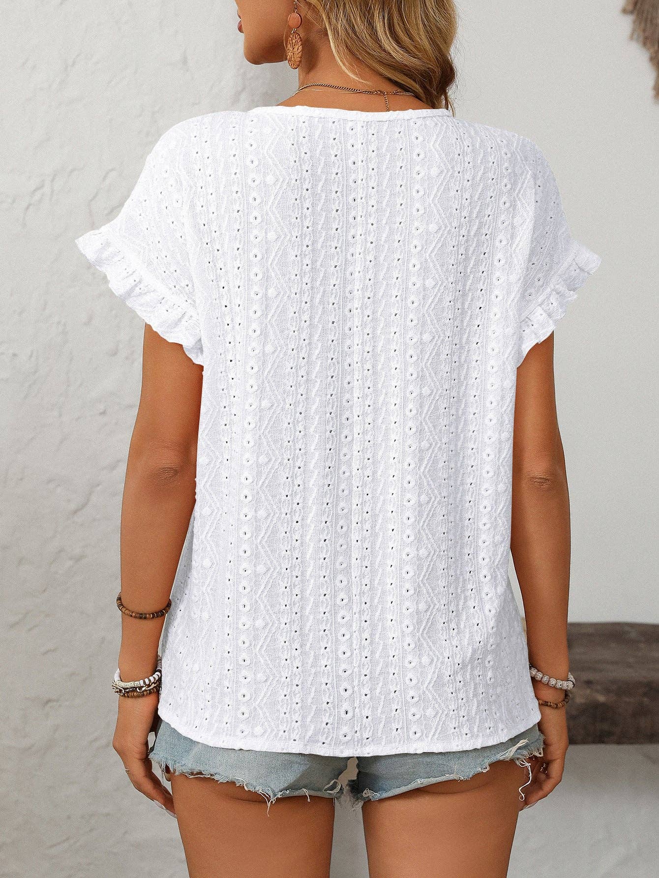 Crew Neck Ruffle Sleeve Short Sleeve Top